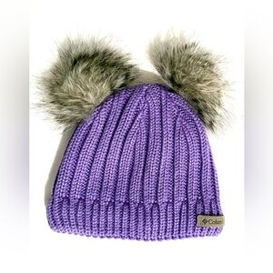 Columbia Lavender Knit Hat with Faux Fur Pom Poms